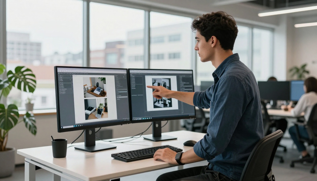 Young creative professional man at standing desk with dual ultrawide monitors