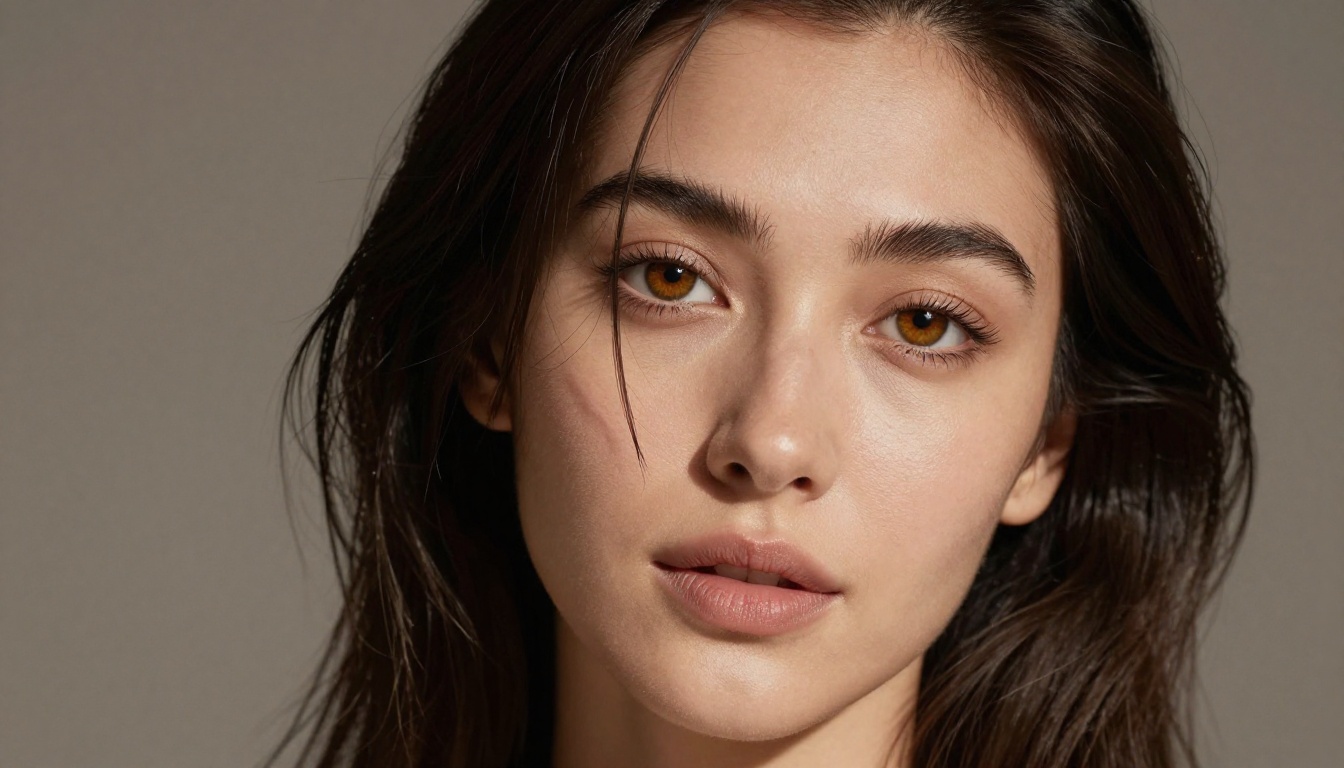 Close-up beauty portrait of woman with natural skin texture and amber-hazel eyes