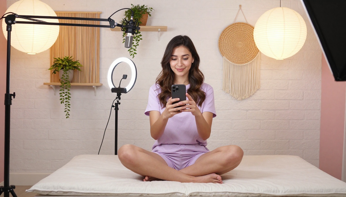 Young woman content creator in pastel lavender loungewear in bright home studio