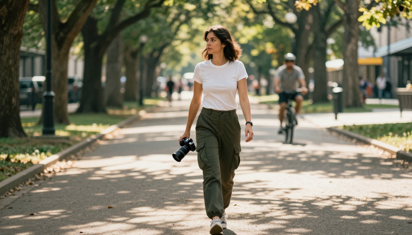 Athletic woman with mirrorless camera walking through sun-dappled urban park path