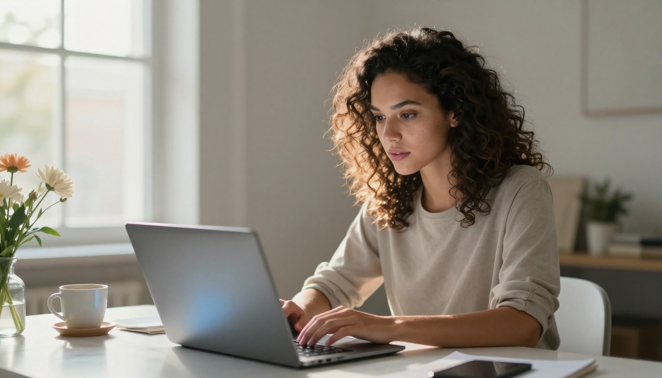 A woman focuses on her laptop in a bright minimalist home office, representing the creative process behind AI image generation