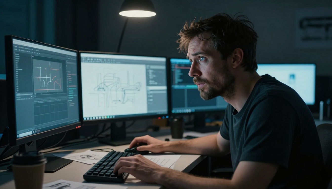 A digital artist sits in frustration before multiple monitors in a dark creative studio, representing the creative blocks caused by over-filtered AI tools