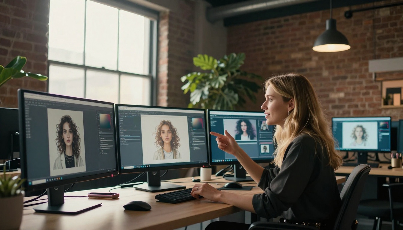 A woman works at a high-end creative workstation reviewing AI-generated portraits on multiple screens