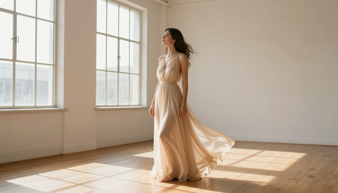 A beautiful model in a champagne maxi dress stands in a sun-filled loft space, her fabric catching the light beautifully