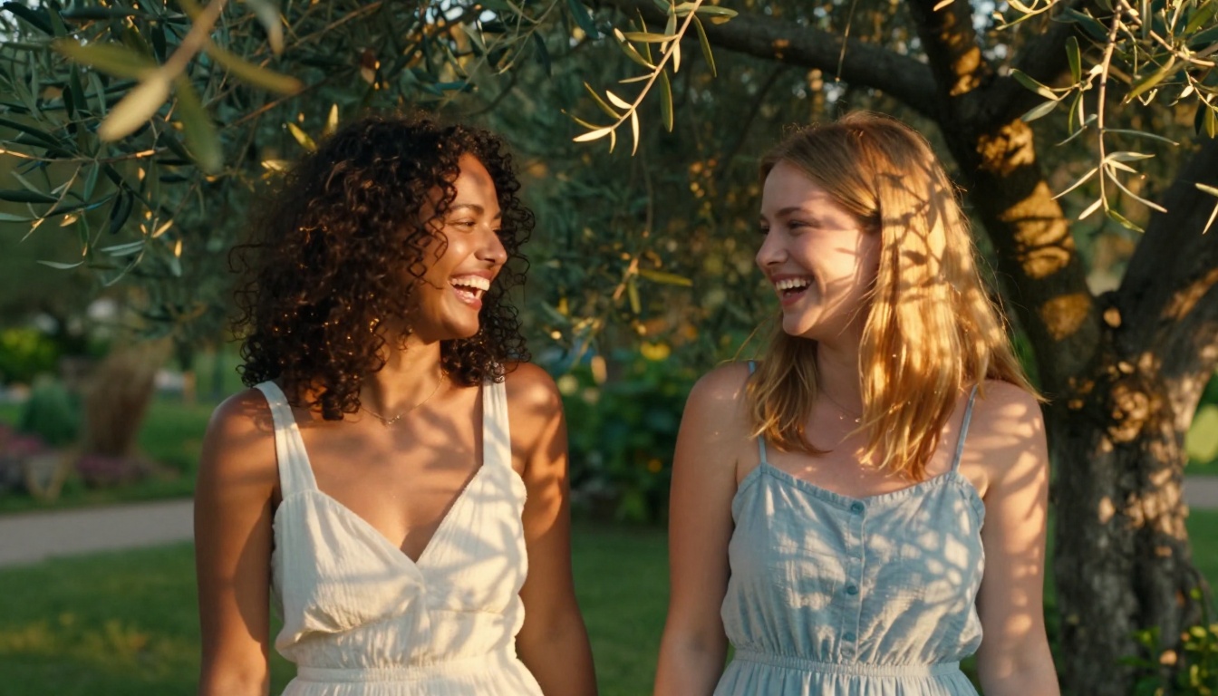 Two women laugh together spontaneously in a lush Italian garden at golden hour, warm sunlight filtering through olive tree leaves