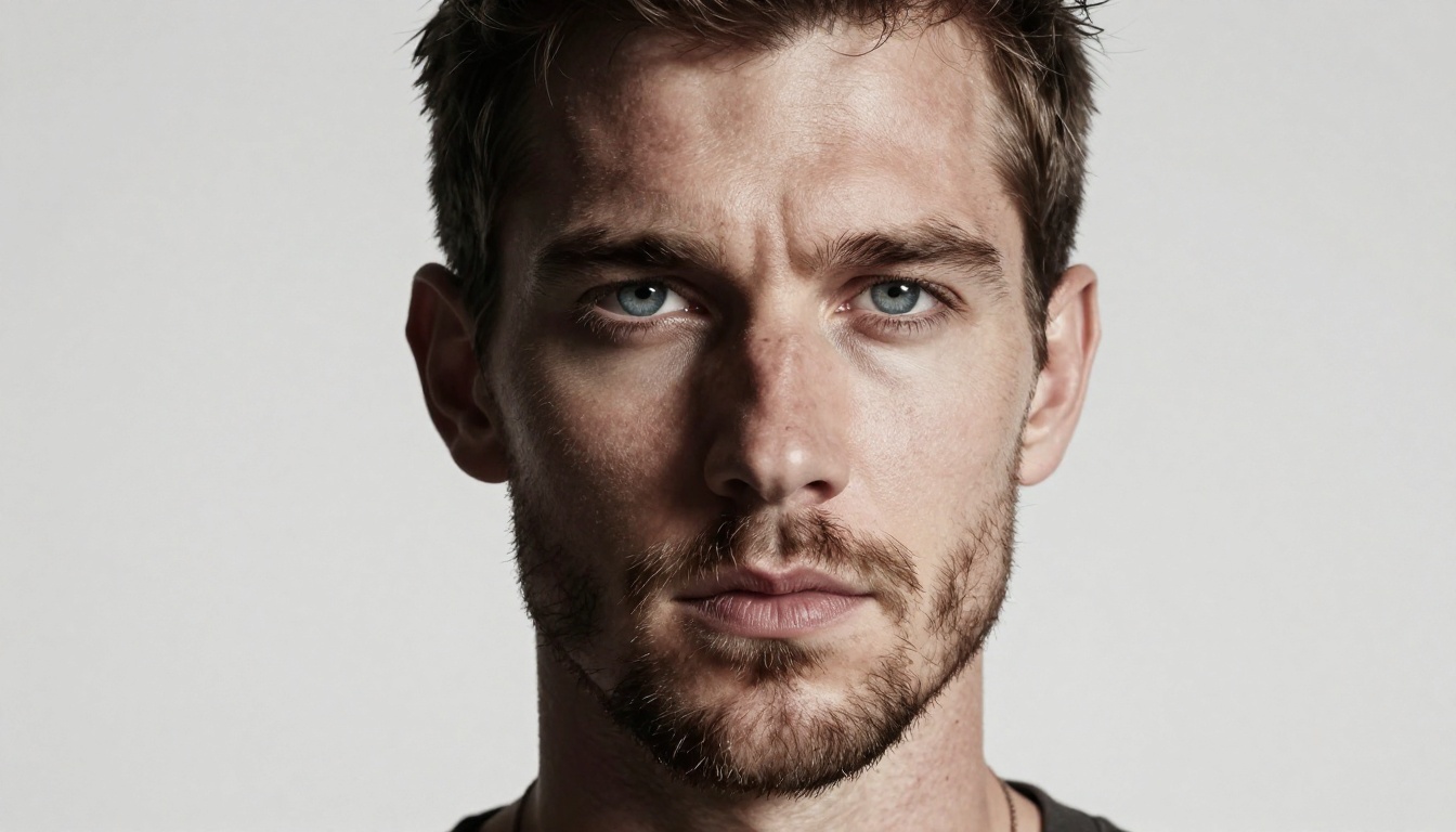 Dramatic chiaroscuro portrait of a male model demonstrating extraordinary photorealistic skin texture, lighting, and facial detail