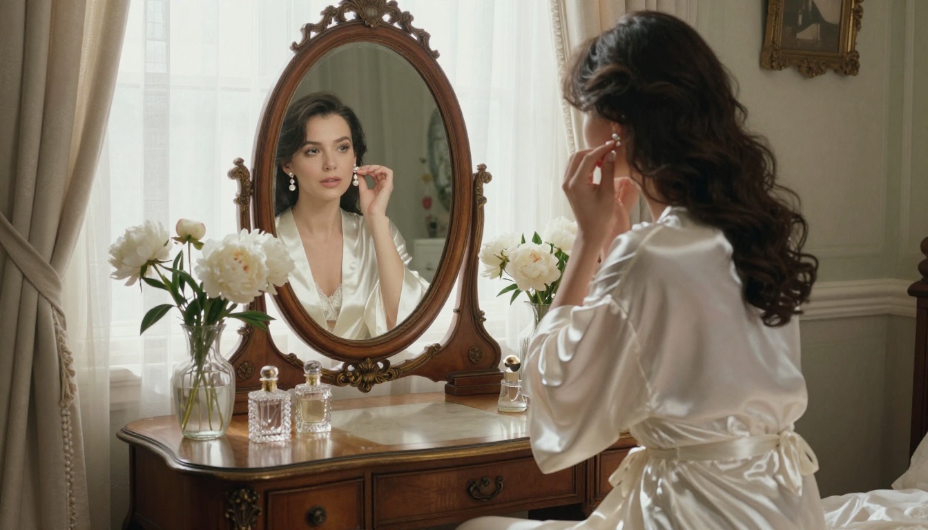 An elegant woman at an antique vanity mirror in a beautiful morning light-filled bedroom, captured in a tasteful and artistic composition