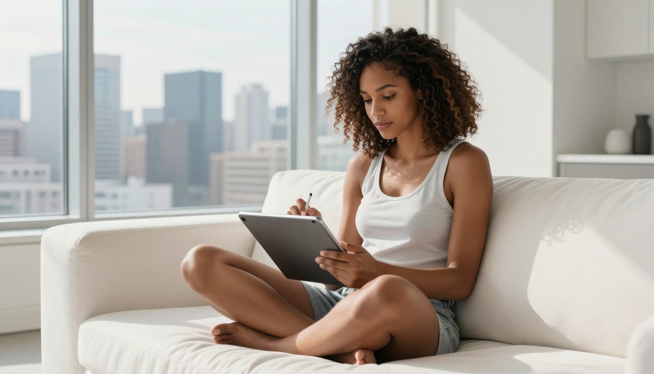 A stylish woman sits cross-legged on a modern sofa using a tablet with a city skyline visible through floor-to-ceiling windows