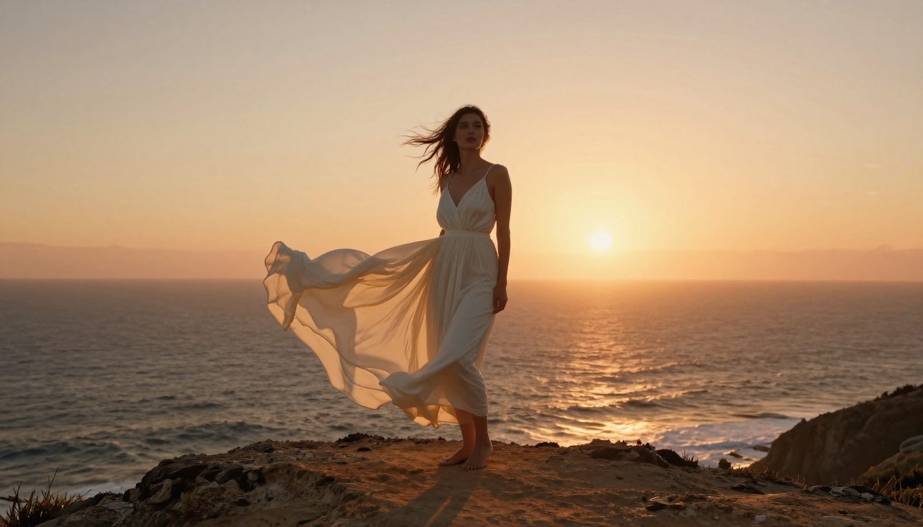 A woman in a flowing ivory dress stands on a dramatic coastal cliff at golden hour, wind catching her dress against the ocean horizon