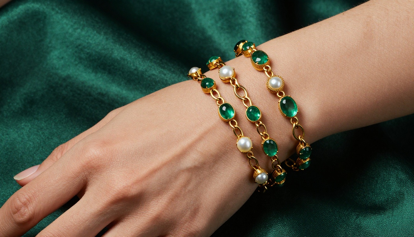 Close-up macro shot of a woman's hands wearing intricate antique gold jewelry against deep emerald silk, with extraordinary detail in the metal and gemstones