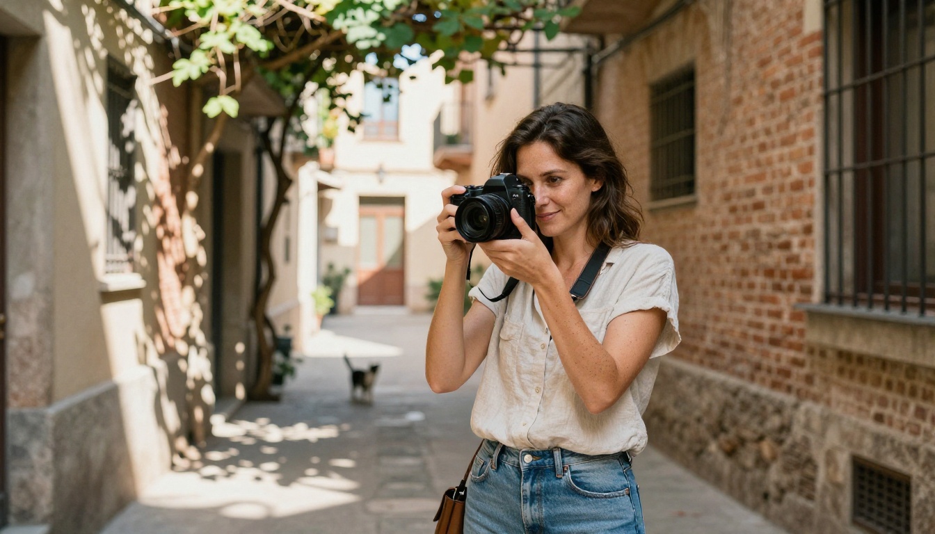 A female photographer reviews images with satisfaction in a sun-drenched European alleyway, embodying the joy of uninhibited creative work