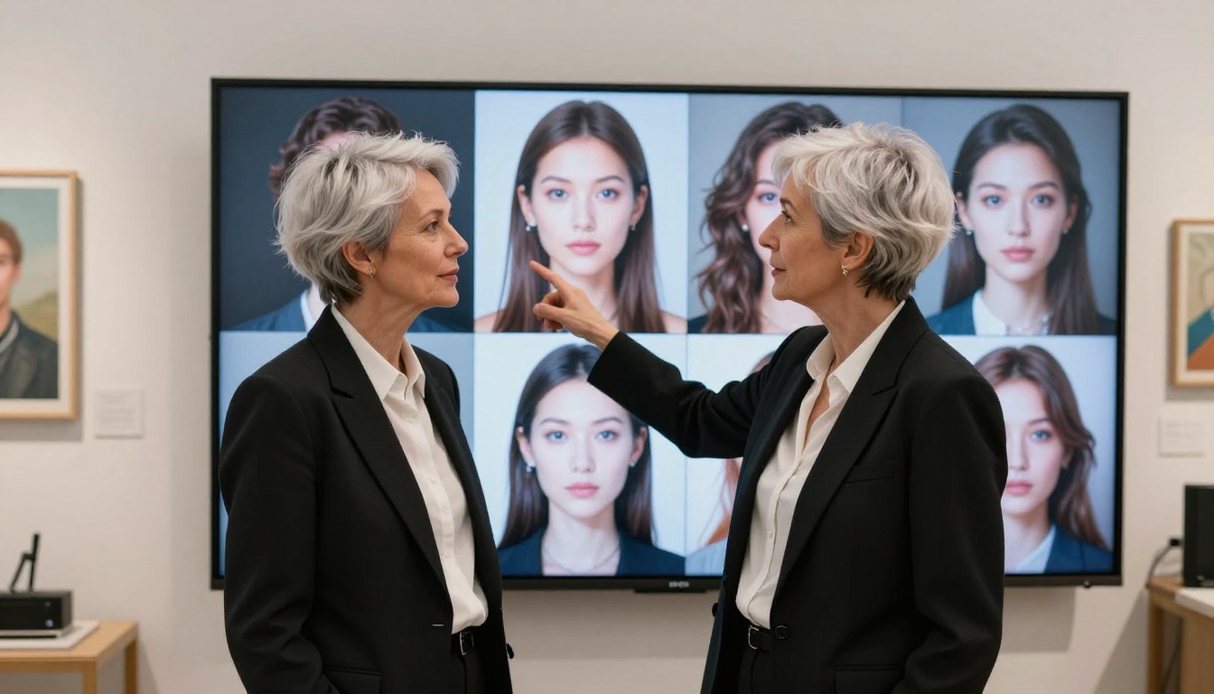 A woman with platinum silver hair stands in a modern gallery studio analyzing AI-generated portrait images displayed in a clean grid on a large screen