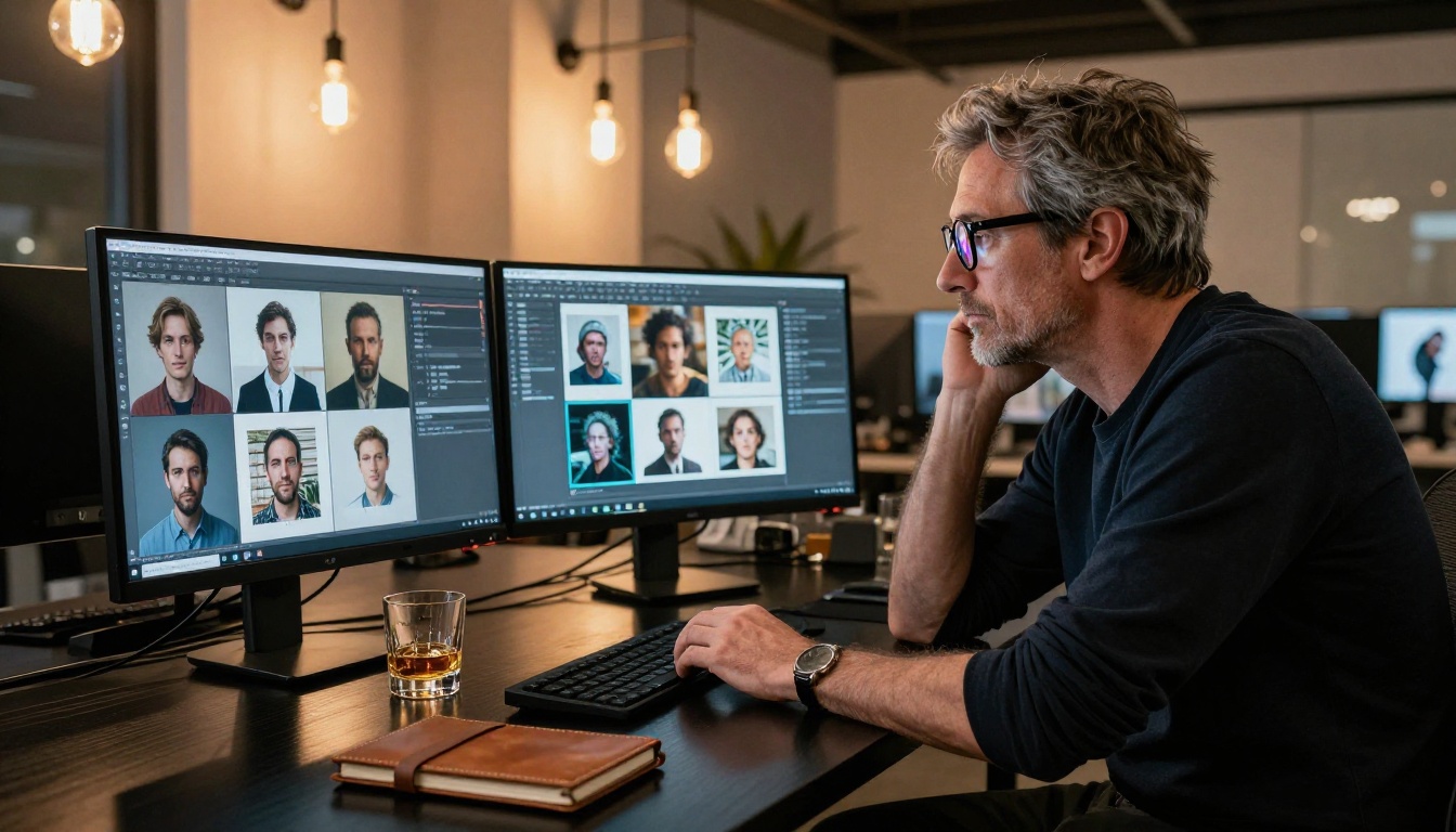 A male creative director analytically compares AI-generated images on two large monitors, focused and evaluative