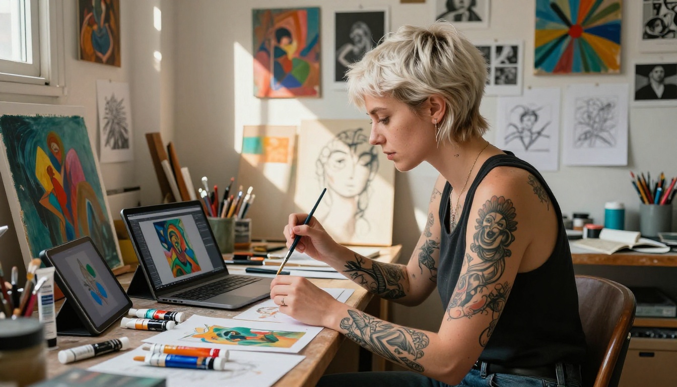A creative woman with tattoos sits in a bohemian art studio surrounded by canvases and AI-generated art, combining traditional and digital tools