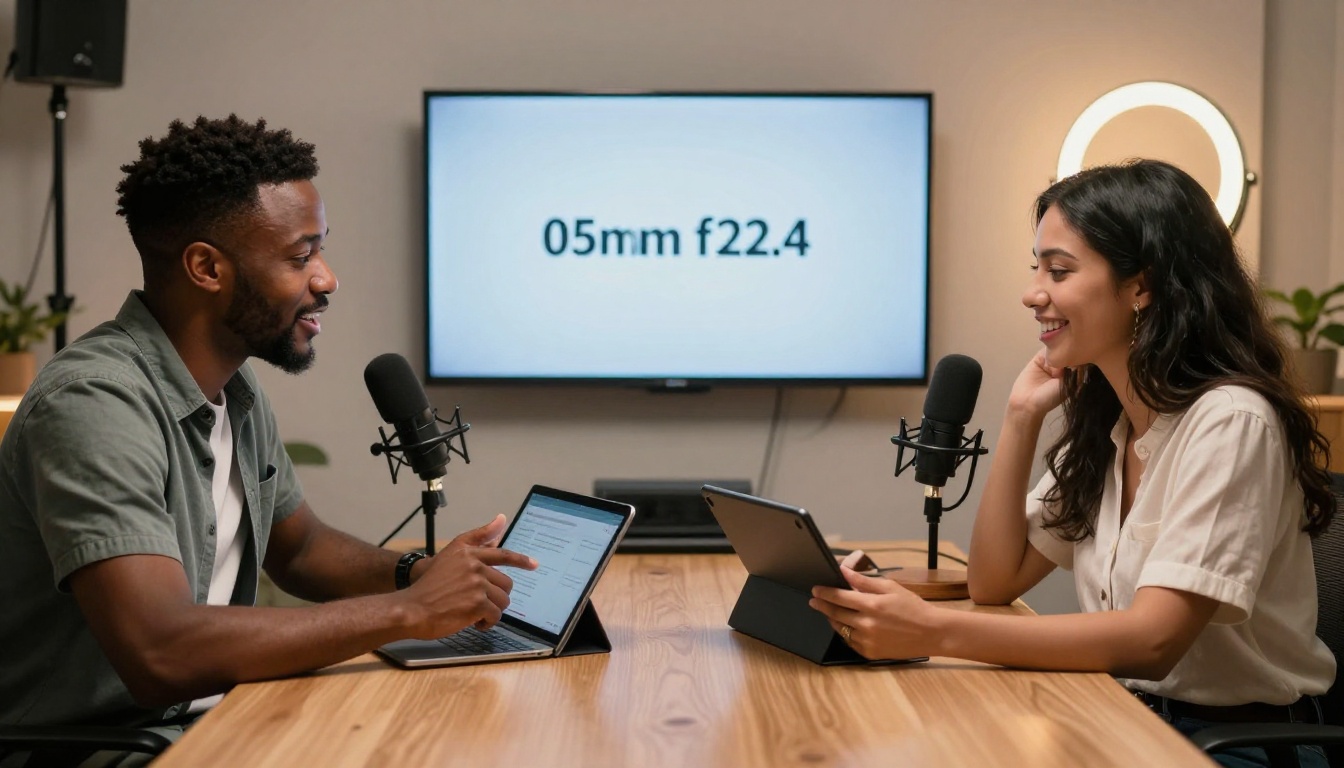 Two content creators in a professional studio discuss and review AI-generated content together on tablets and screens