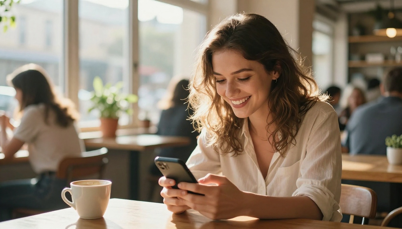 A beautiful woman smiles with genuine delight in a bright European cafe, discovering new creative possibilities on her phone