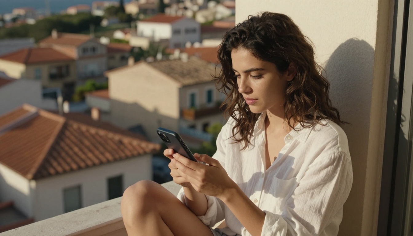 Woman using AI tool on balcony in bright sunlight