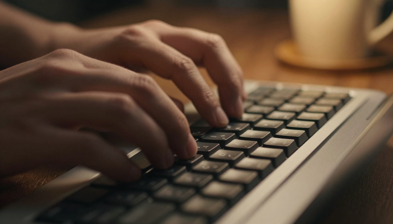 Hands typing on keyboard illuminated by warm desk lamp