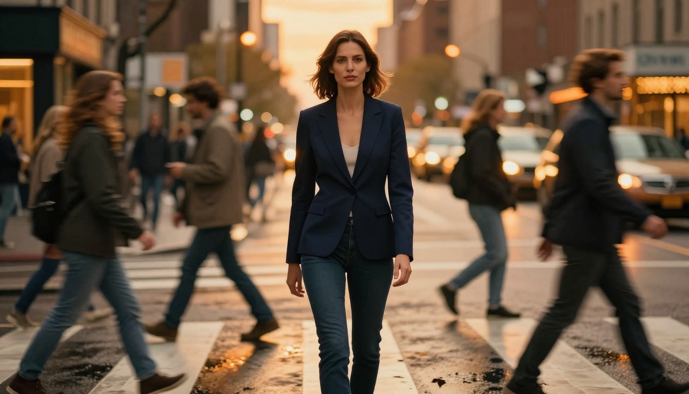 Confident woman at city crosswalk during golden hour traffic
