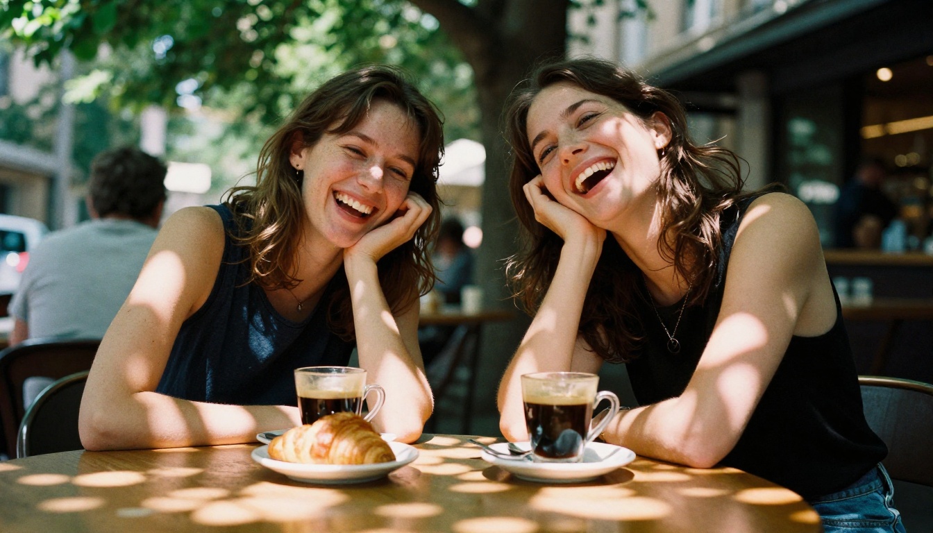 Two friends laughing at outdoor cafe table with dappled sunlight