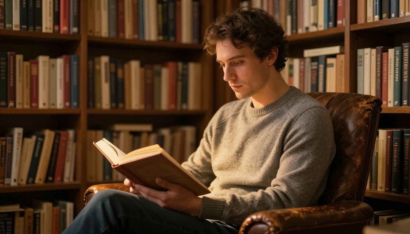 Man reading a book in cozy home library with warm amber lamp