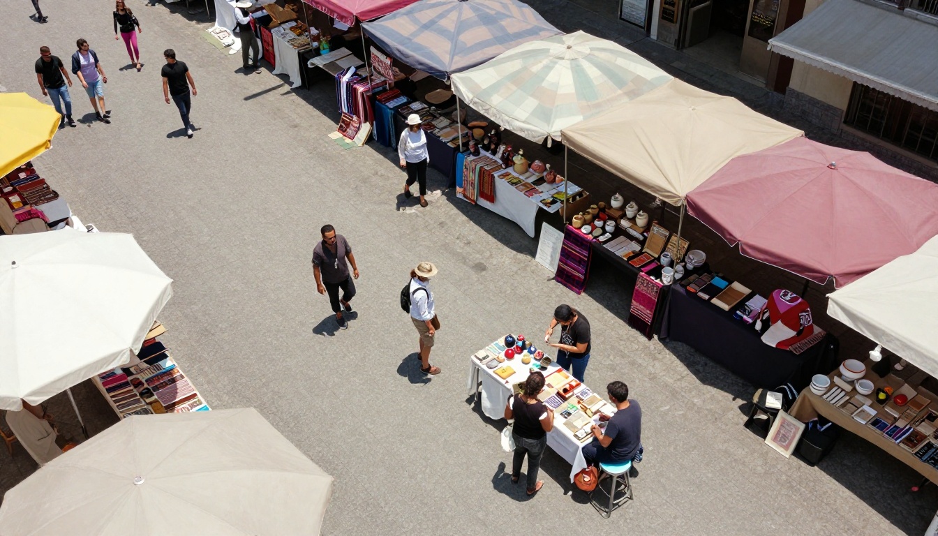 Aerial overhead view of colorful outdoor flea market at midday Aerial overhead view of colorful outdoor flea market at midday