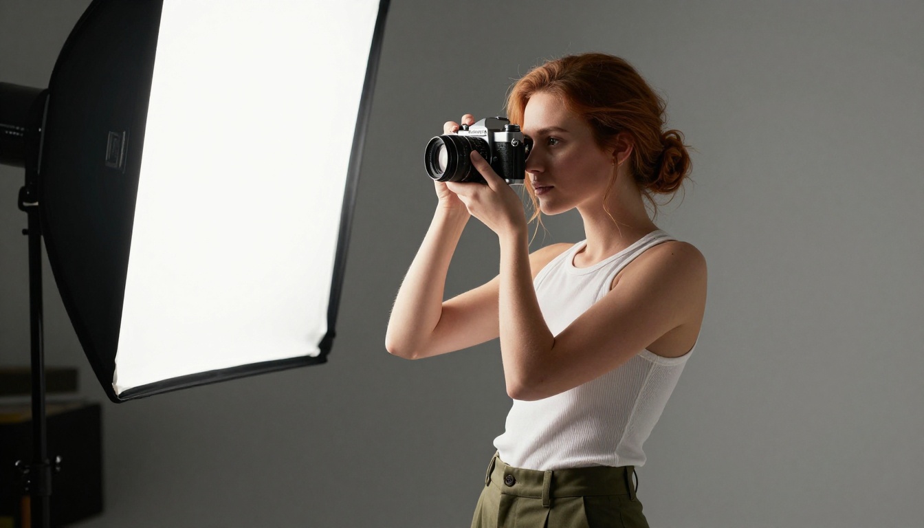 Woman with vintage film camera in bright photography studio Woman with vintage film camera in bright photography studio
