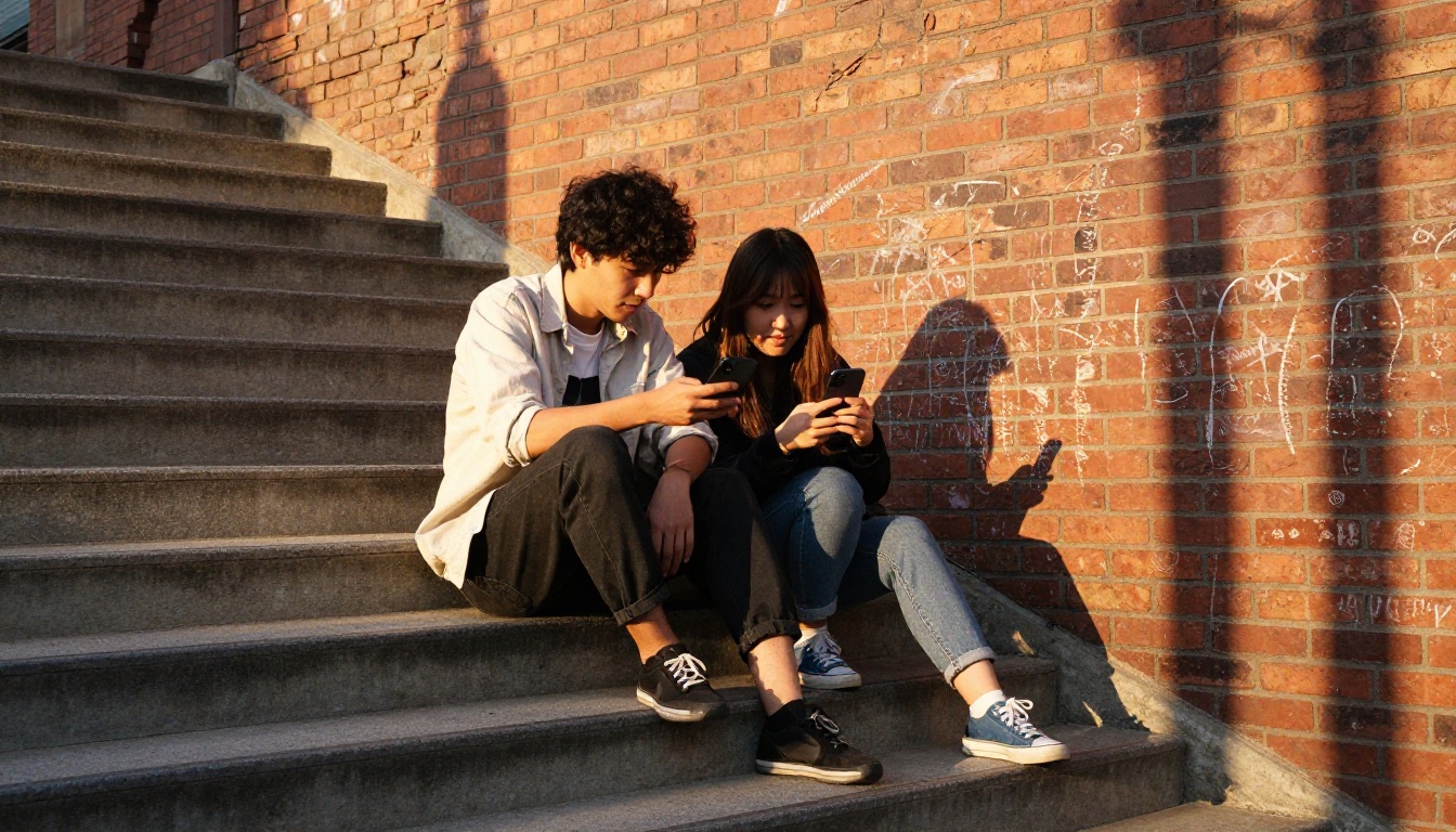 Man and woman on concrete staircase sharing phone screen at sunset Man and woman on concrete staircase sharing phone screen at sunset