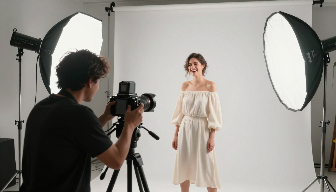 Fashion studio shoot with model laughing on white seamless backdrop Fashion studio shoot with model laughing on white seamless backdrop