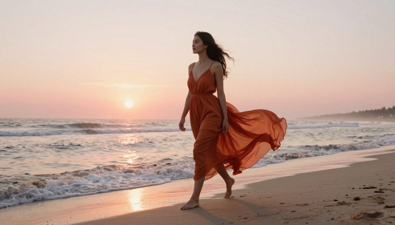 Woman in rust-orange dress walking along beach at sunrise Woman in rust-orange dress walking along beach at sunrise