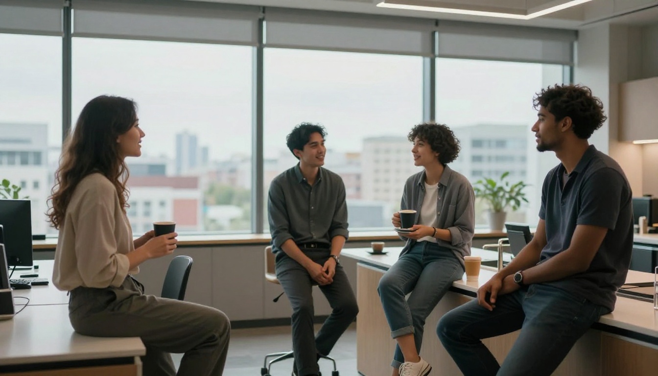 Three young professionals laughing together in modern office kitchen Three young professionals laughing together in modern office kitchen