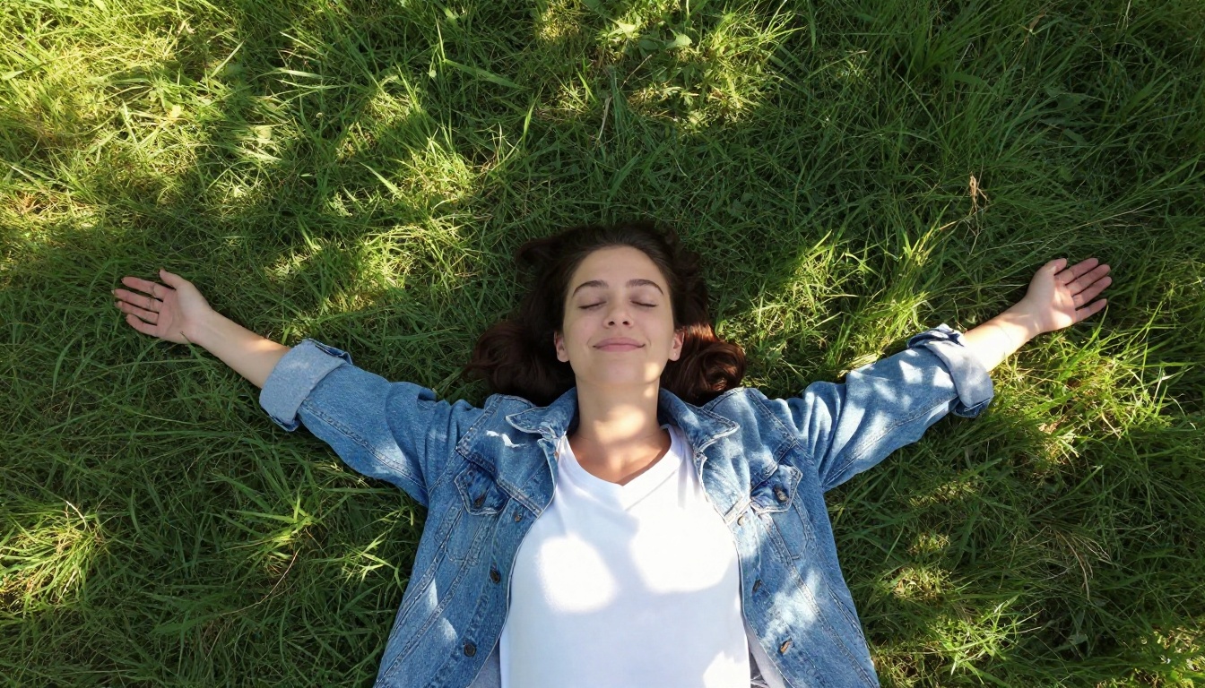 Woman lying in park overhead aerial view with dappled morning light Woman lying in park overhead aerial view with dappled morning light