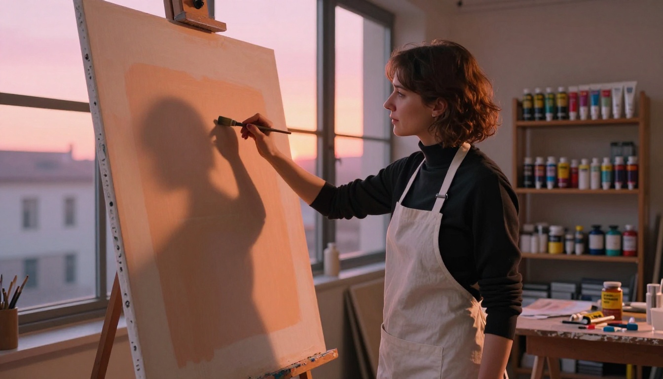 Artist with paint-stained hands in dusk-lit studio before large canvas Artist with paint-stained hands in dusk-lit studio before large canvas
