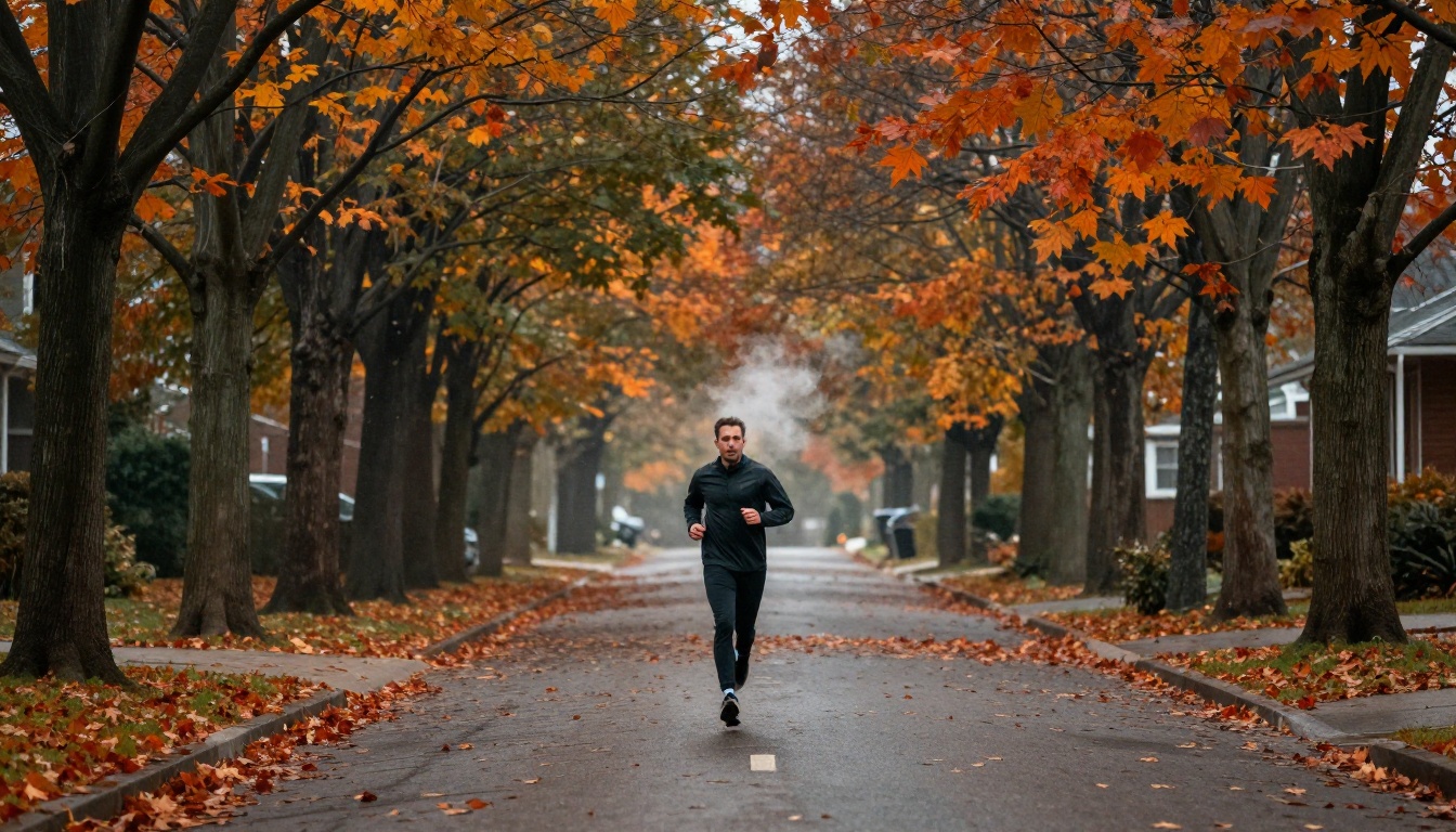 Man jogging through colorful autumn tree-lined residential street Man jogging through colorful autumn tree-lined residential street