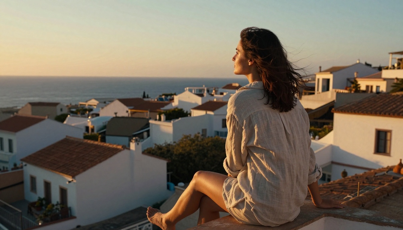 Woman on Mediterranean rooftop terrace at golden sunset overlooking city Woman on Mediterranean rooftop terrace at golden sunset overlooking city