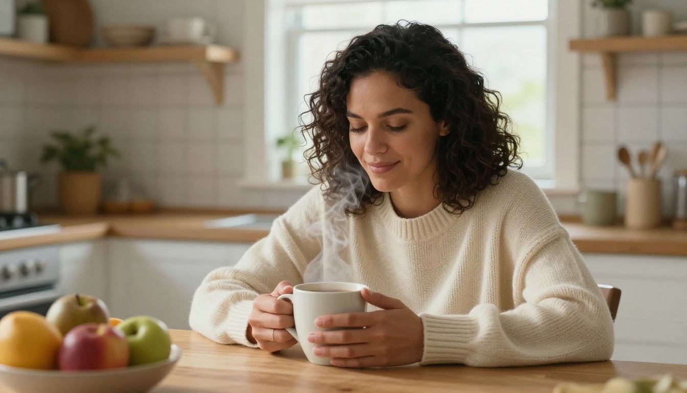 Woman with coffee mug at kitchen table in warm morning sunlight Woman with coffee mug at kitchen table in warm morning sunlight