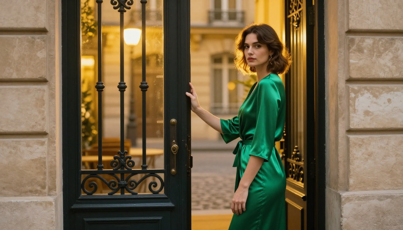 Woman in emerald green dress looking back at camera at Parisian doorway Woman in emerald green dress looking back at camera at Parisian doorway
