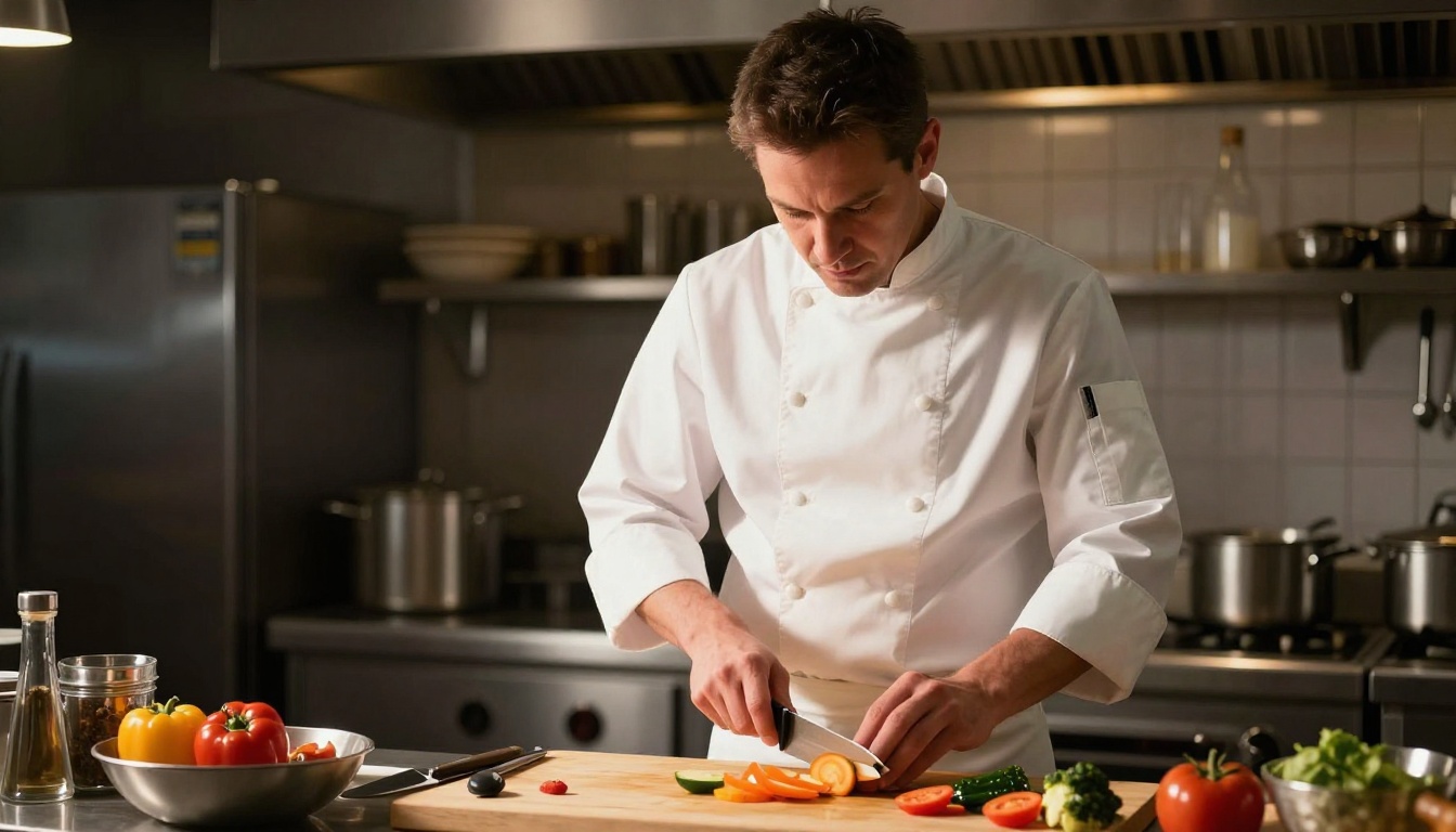 Chef in white coat slicing vegetables in professional kitchen Chef in white coat slicing vegetables in professional kitchen