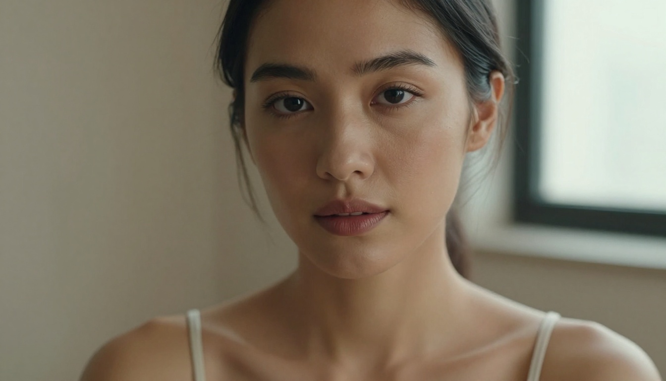 Beautiful close-up portrait of woman with olive skin and dark eyes in soft morning light