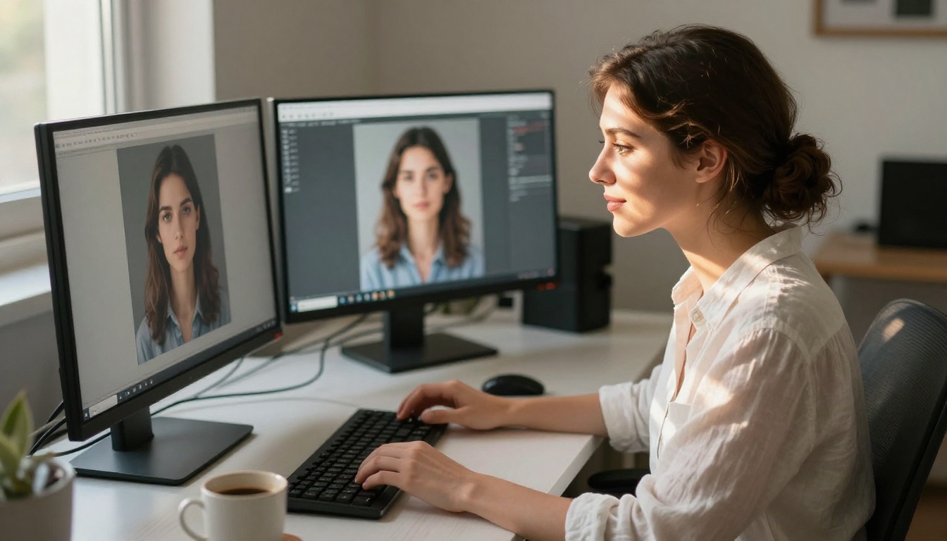 Woman reviewing AI-generated portraits on professional studio monitors in a modern creative workspace Woman reviewing AI-generated portraits on professional studio monitors in a modern creative workspace