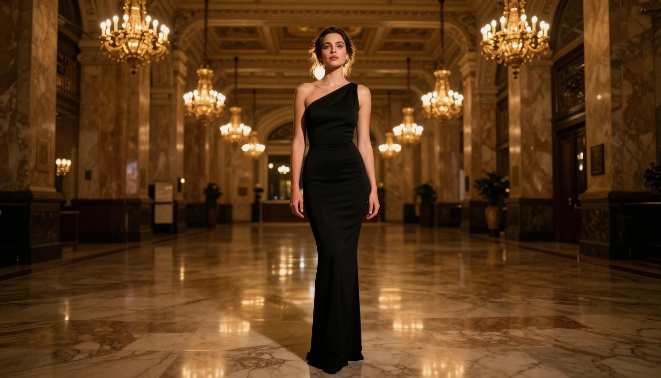 Low-angle upward shot of tall woman in fitted black evening dress standing in grand marble lobby, chandeliers above Low-angle upward shot of tall woman in fitted black evening dress standing in grand marble lobby, chandeliers above