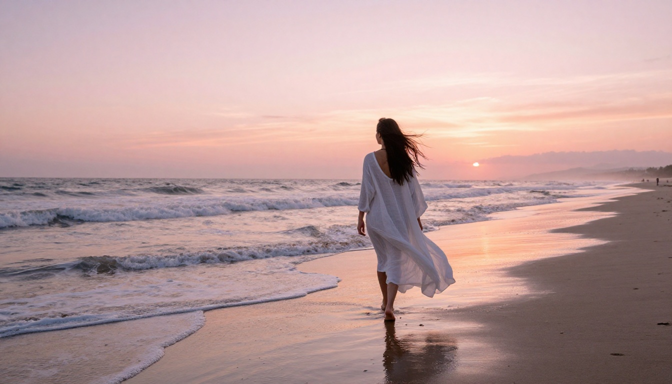 Woman in white linen beachwear walking along shoreline at sunrise with wet sand reflecting pastel pink and orange sky