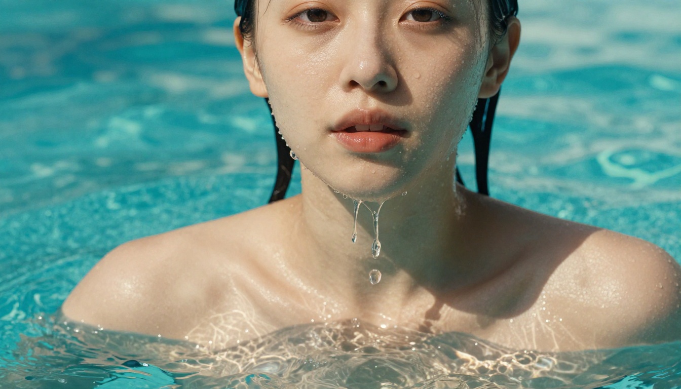 Woman's face and bare shoulders emerging from turquoise swimming pool with caustic light patterns on skin from 90mm macro lens