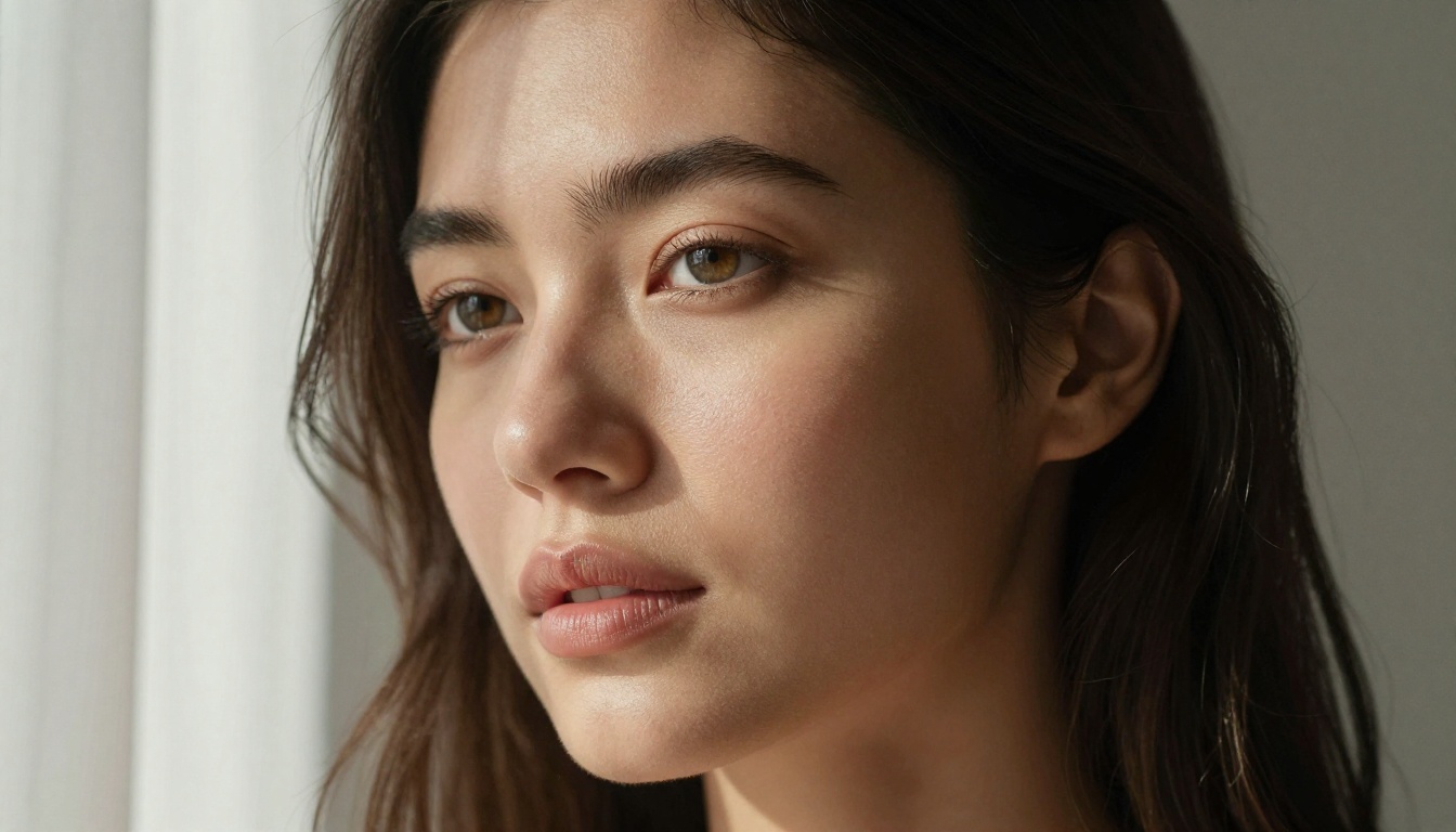 Close-up beauty portrait with classic Rembrandt triangle lighting, flawless olive skin, 85mm f/1.4 lens on Nikon Z9 Close-up beauty portrait with classic Rembrandt triangle lighting, flawless olive skin, 85mm f/1.4 lens on Nikon Z9