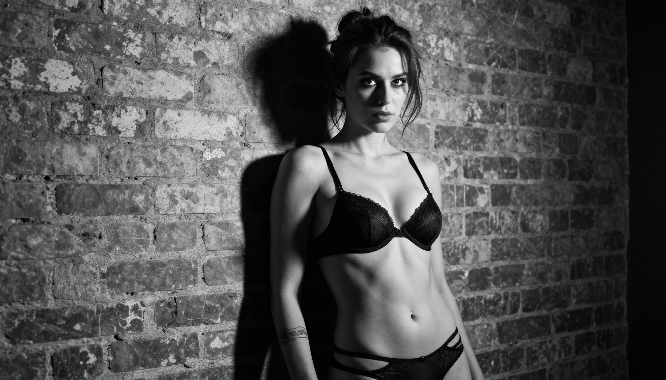Woman in artistic black and white lingerie set against rough industrial brick wall with dramatic spotlight from above