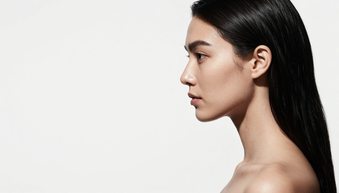 Side profile portrait of woman in minimalist white studio, harsh directional Profoto strobe light sculpting cheekbone and jawline Side profile portrait of woman in minimalist white studio, harsh directional Profoto strobe light sculpting cheekbone and jawline