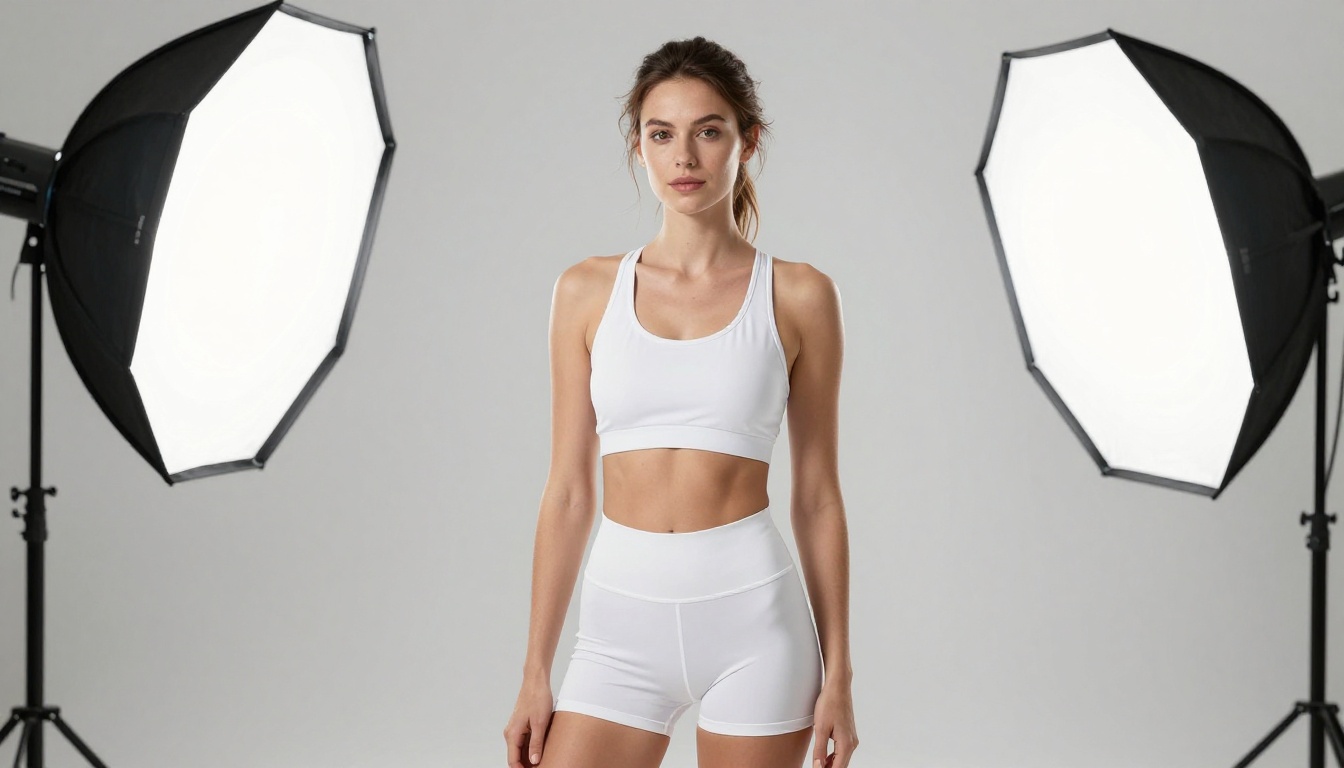 Woman in a white sports bra posing in a minimal professional photography studio with softbox lighting
