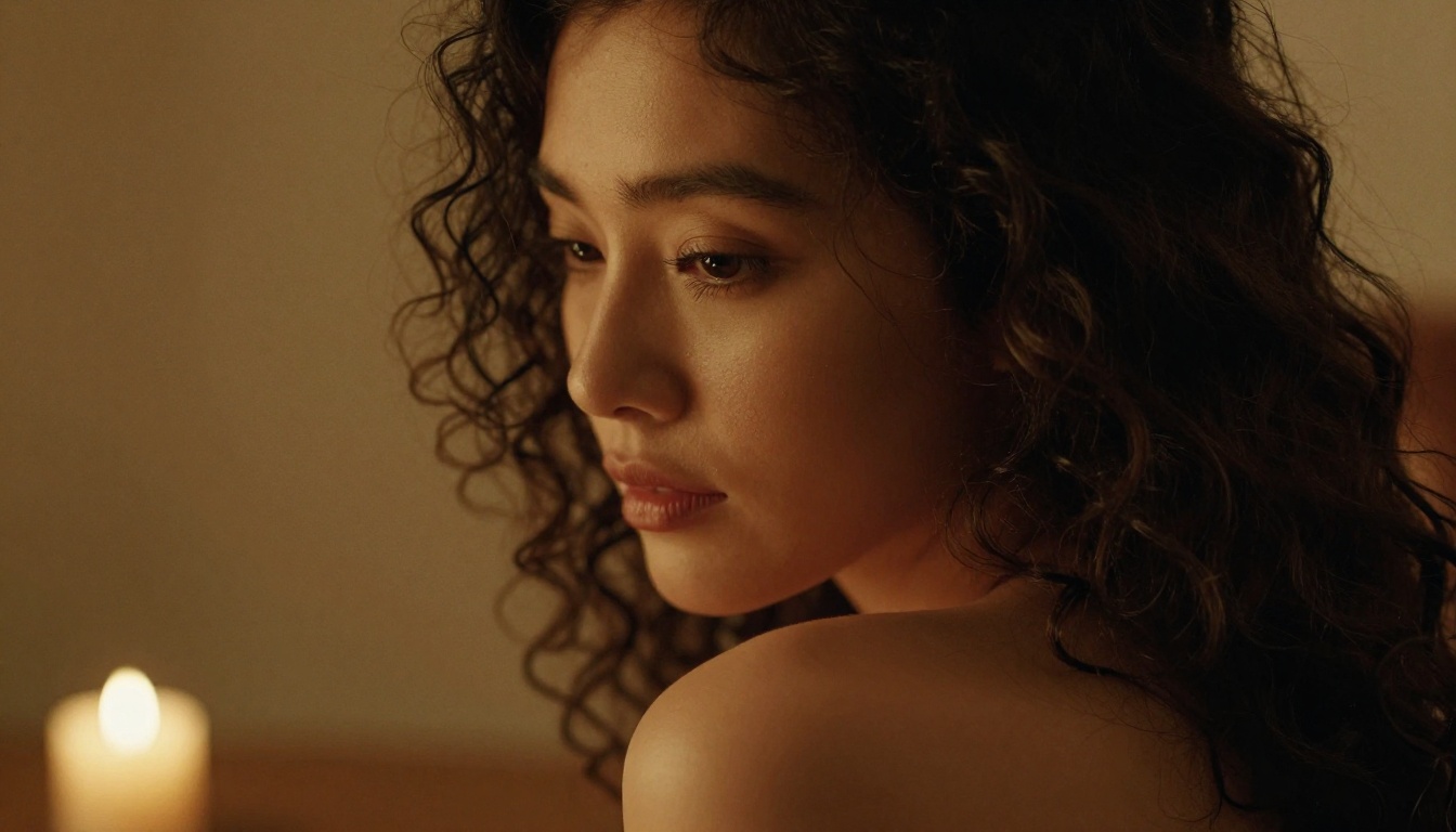Intimate profile of dark curly-haired woman with candlelight creating warm amber tones and 85mm extreme bokeh background