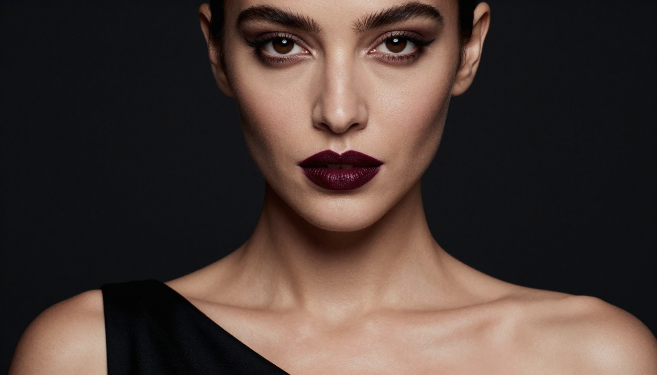 Close-up portrait of a woman with smoky eyes and dark lips in dramatic Rembrandt studio lighting