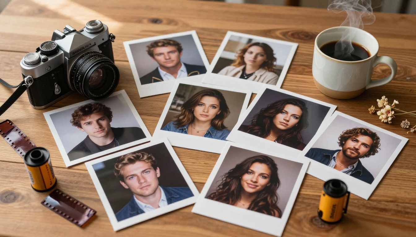 Flat lay of printed AI portrait photos on a wooden table with a vintage camera, film roll, and coffee mug